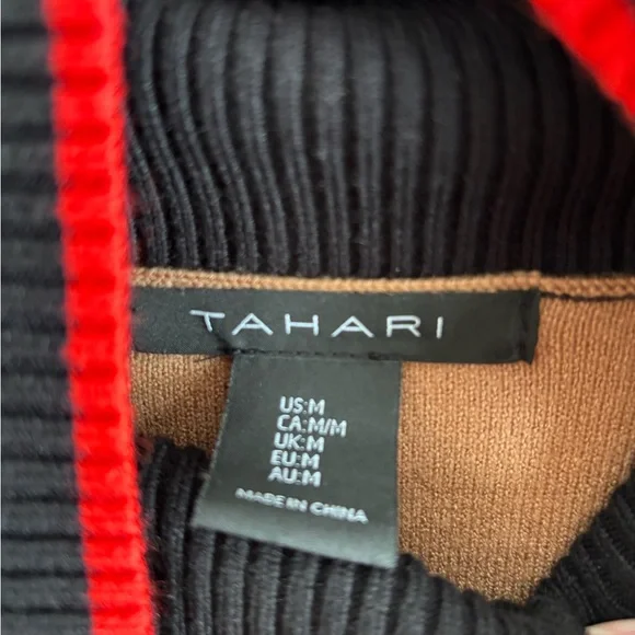 Tahari Colorblock Cowlneck Sweater in Camel, Black and Red Trim size M - Picture 6 of 6